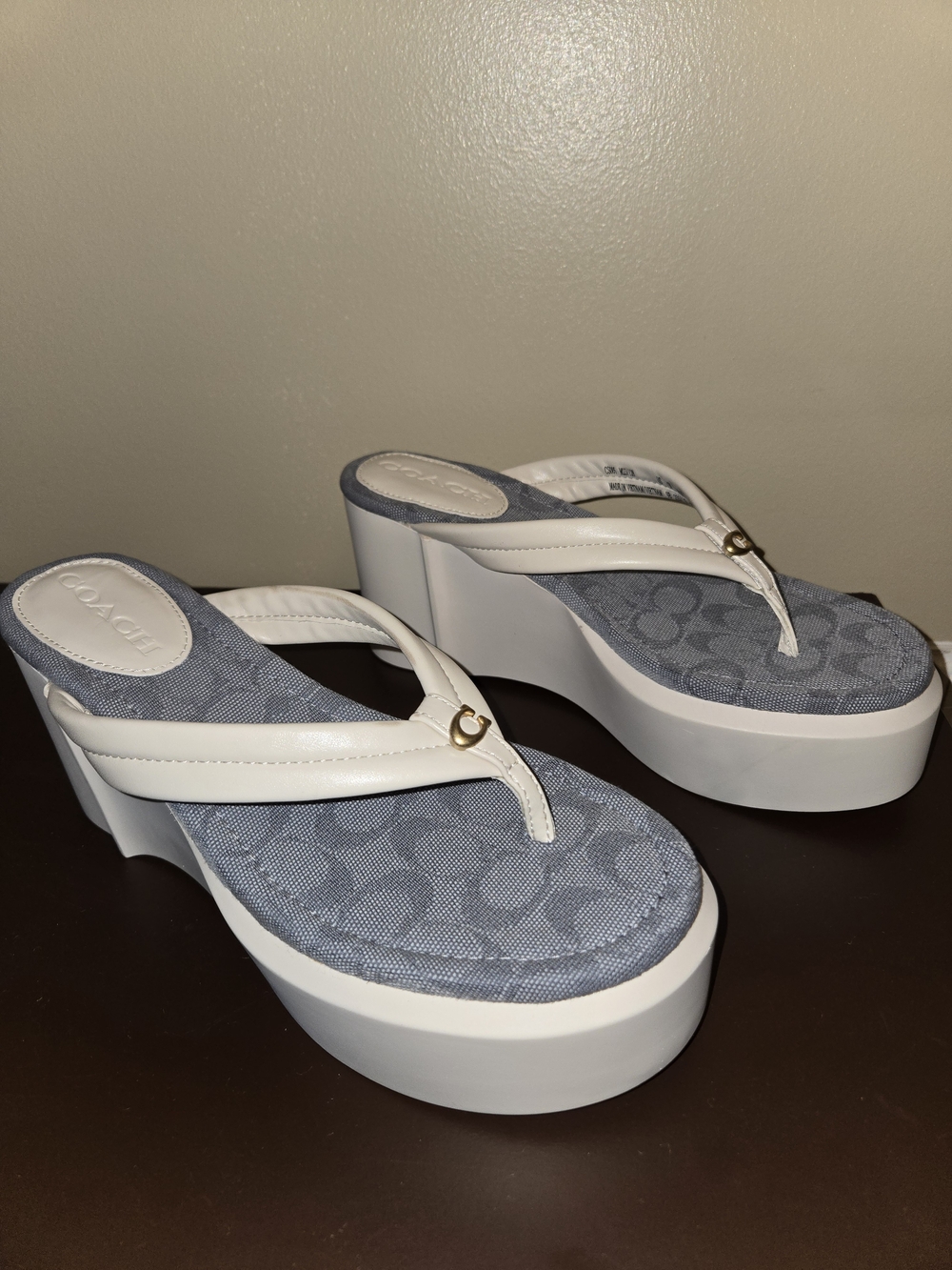 Coach Franki Platform Wedge Flip Flop White & Blue US 8